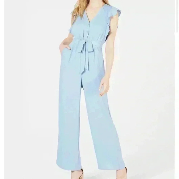 19 COOPER LIGHT BABY BLUE RUFFLE SLEEVE JUMPSUIT - Picture 1 of 10
